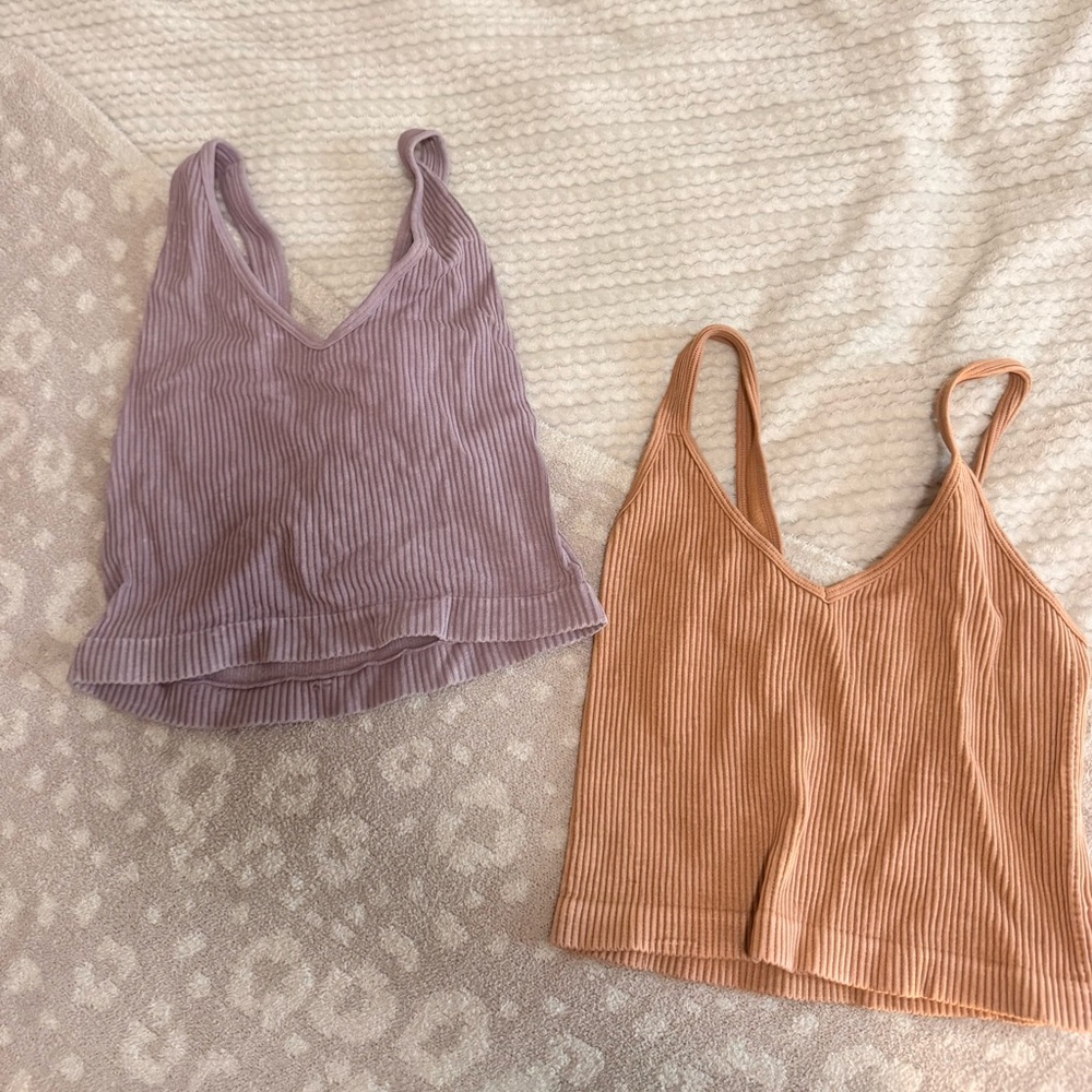 Ribbed V-Neck Women Tops - Purple and Tan